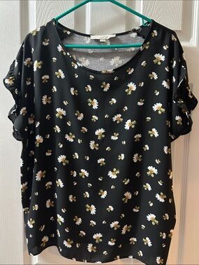 LOFT Black Floral Ruffle-Sleeve Blouse, large